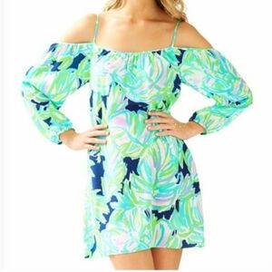 Lilly Pulitzer Candice Open Shoulder Dress In Resort Navy Uptown Trunk.Size med